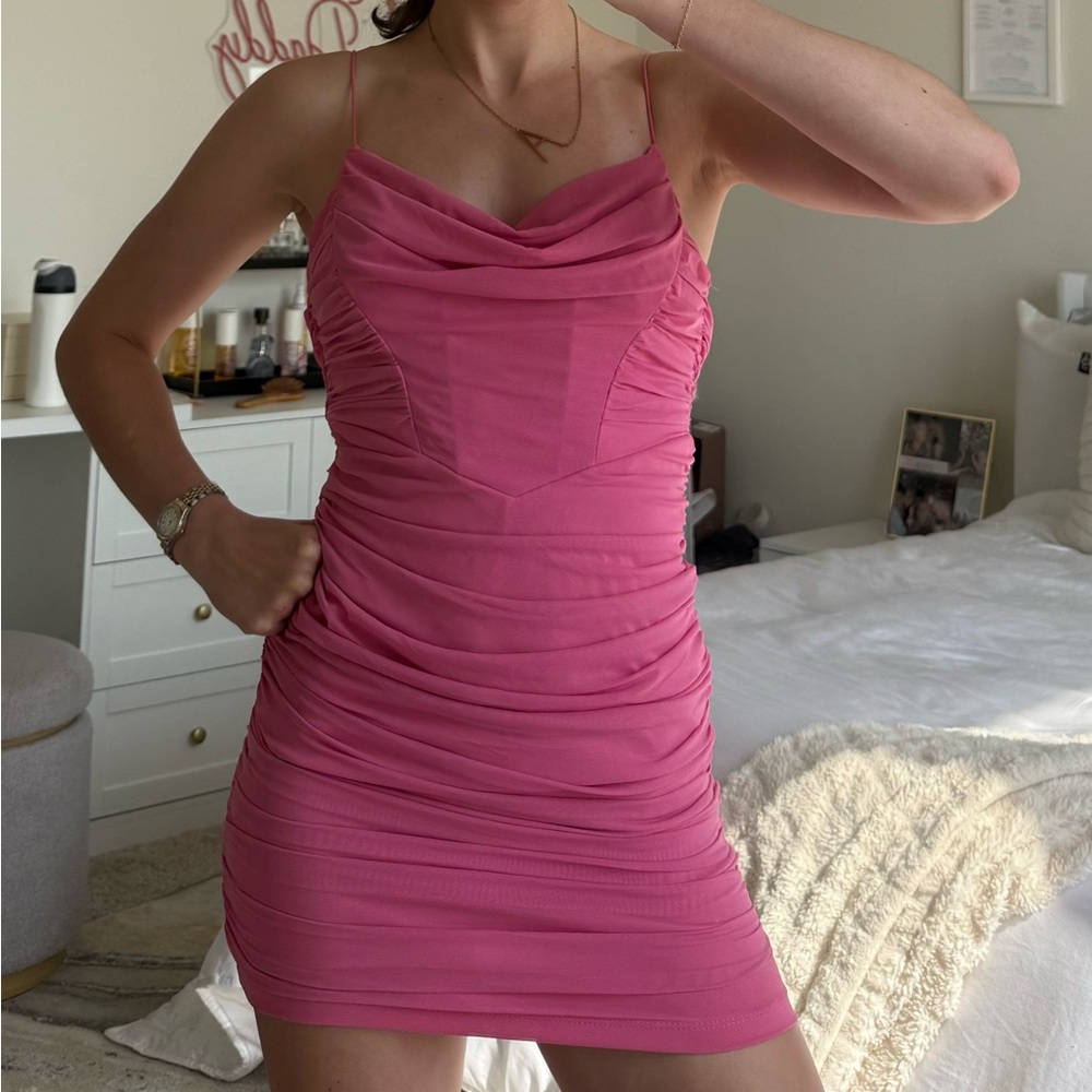 Hello molly pink spaghetti strap ruched mini dress